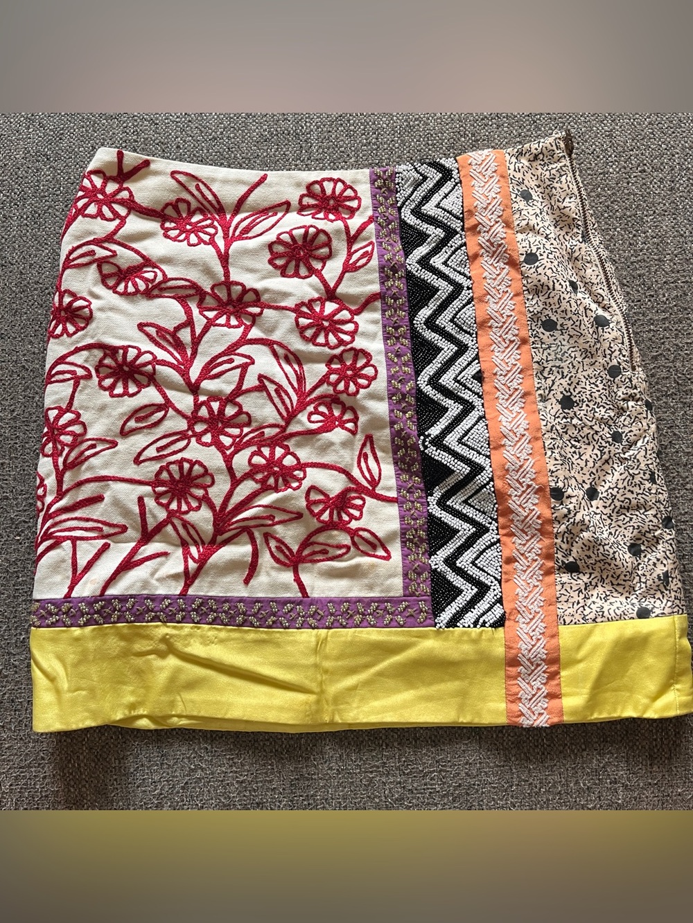 Anthropologie Boho Embroidered Floral Patchwork Skirt in Red & Yellow